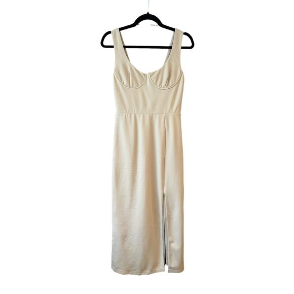 Kittenish Women's Slit Front Bodycon Dress Sleeveless Solid Tan Size Medium - Picture 1 of 9